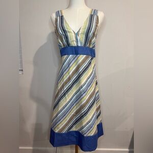 Patagonia Size 10 Netty V-neck Striped Tie Back Midi Dress - Blue, Yellow, Brown